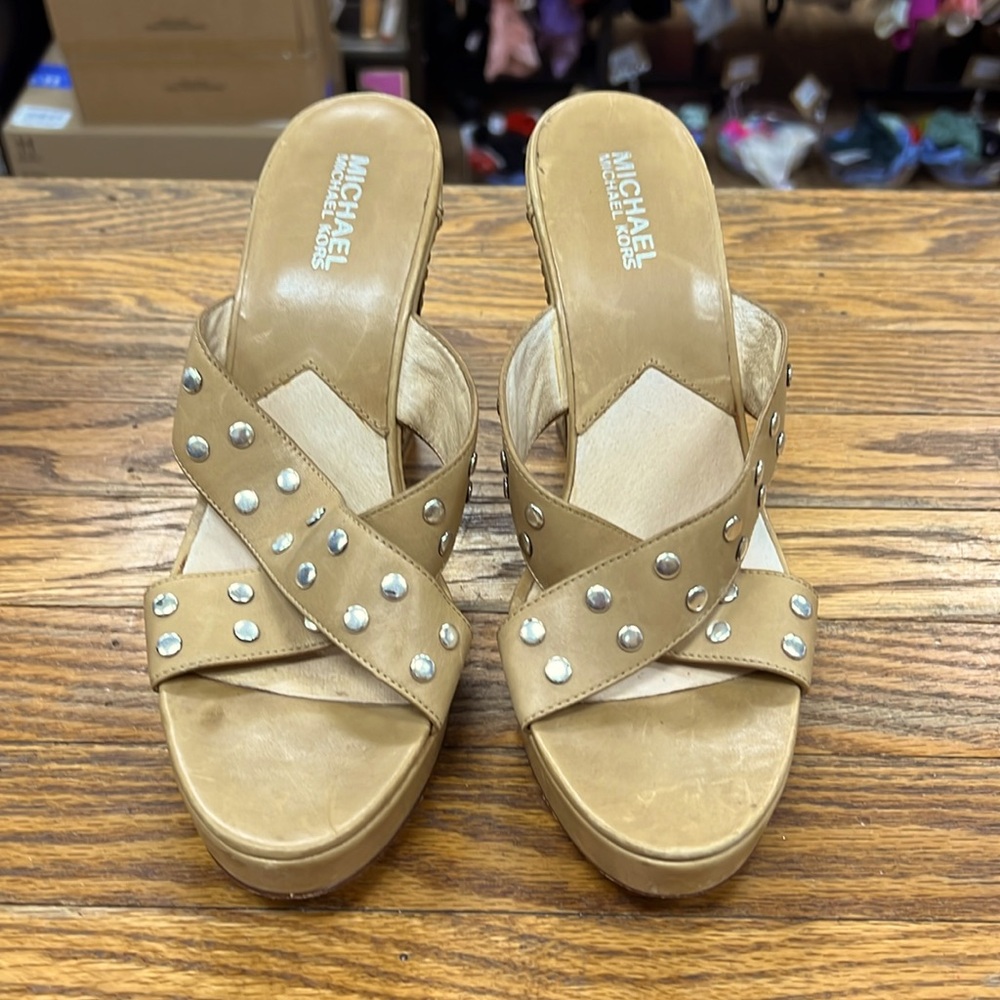 COPY - MICHAEL KORS | tan studded leather wedge slip-on sandals heels/shoes